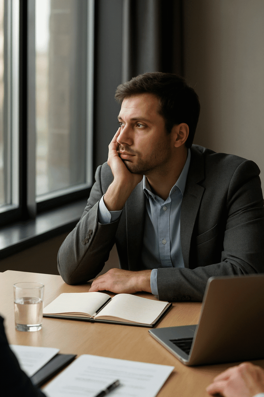 A man sits in an office behind a desk, looking through a window, clearly distracted and not focused on work.
