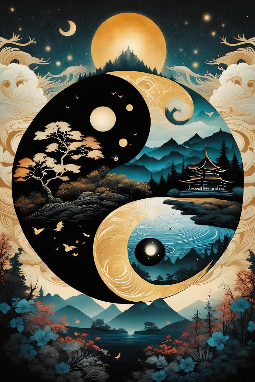 The Yin Yang symbol with nature pictures blended together, signifying balance between powers in nature.