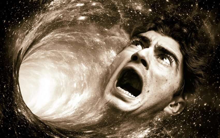 A mans face that expresses fear in some sort of a chaotic space corridor, signifying the complexity and uncertainty of psychology.