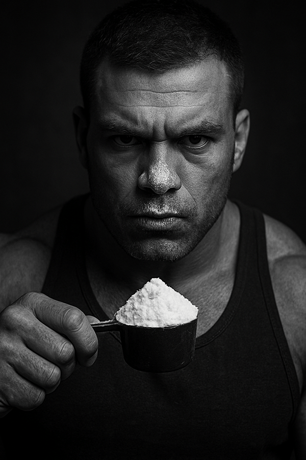 A bodybuilder holding a scoop of protein powder in front of his face.